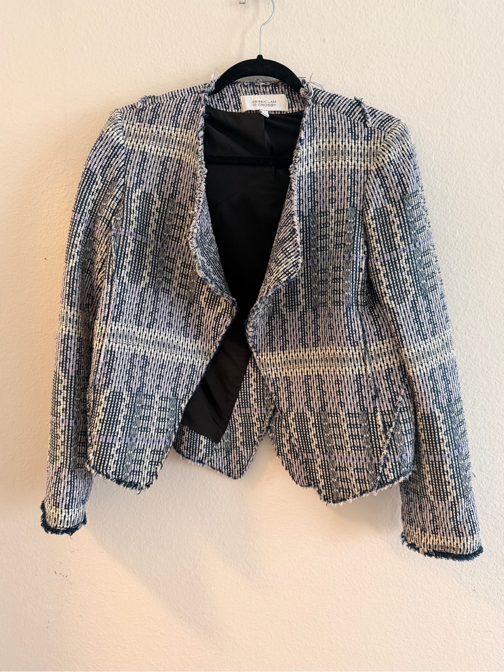 10 Crosby Derek Lam Blue and White Tweed Open-Front Jacket